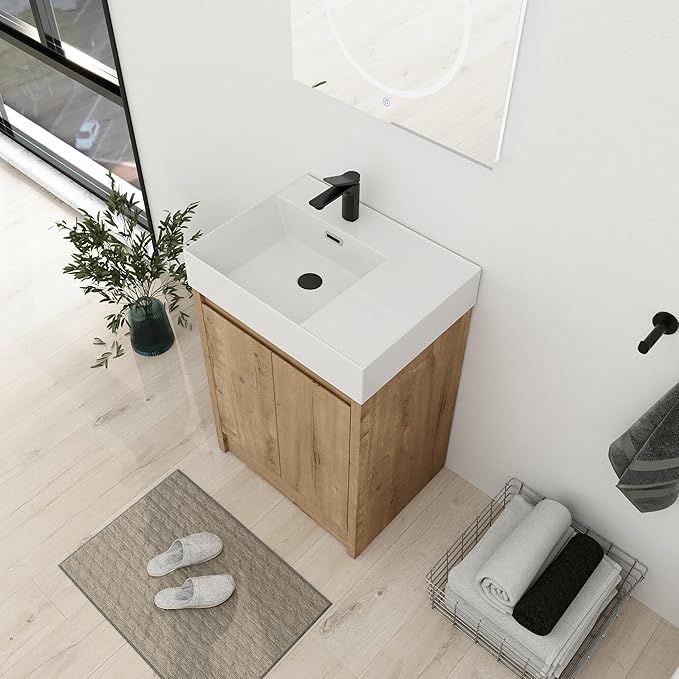 24'' Freestanding Bathroom Vanity, 24 Inch Floor Stand Bathroom Vanity with Sink, Single Resin Sink Cabinet Set, Modern Storage Cabinet, with Soft Closing Door, B03624IMO-+24120LMO