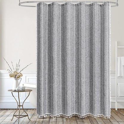 Boho Tassel Linen Shower Curtain,3D Embroidery Stripe Charcoal Grey,72x96 | Extra Long Xl,310GSM Texture Heavy Duty Cloth,Water Repellent,Wrinkle Resistant,Vintage Farmhouse Rustic,12 Plastic Hooks