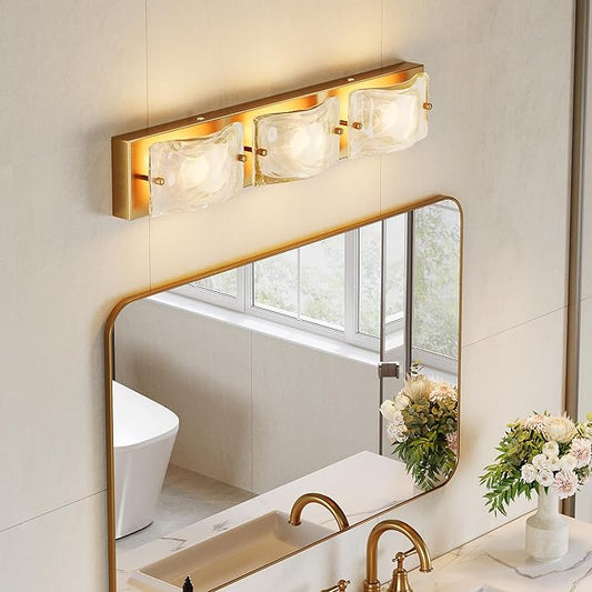 Tribesigns 3-Light Vanity Fixtures, Curved Cloud Glass Lampshades Gold Copper Plate, Modern Bathroom Wall Lighting Fixtures Over Mirror, 3CCT LED Vanity Lights (22-Inch, 3000K/4000K/5000K, Dimmable)