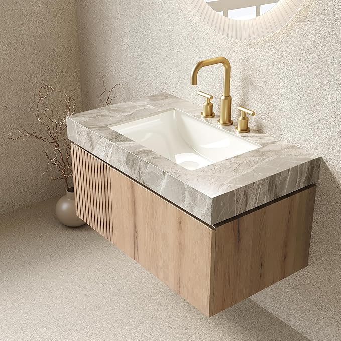 36" Floating Bathroom Vanity with Sink, Modern Plywood Storage Cabinet with Drawer and Door, Gray Sintered Stone Top and 3 Pre-drilled Faucet Holes Ceramic Basin, Pre-Assembled, Light Oak
