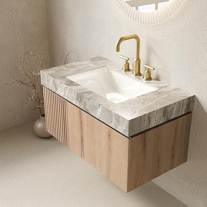 36" Floating Bathroom Vanity with Sink, Modern Plywood Storage Cabinet with Drawer and Door, Gray Sintered Stone Top and 3 Pre-drilled Faucet Holes Ceramic Basin, Pre-Assembled, Light Oak