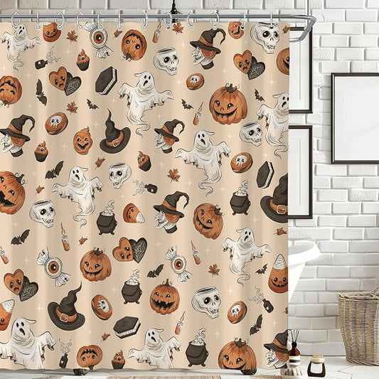 Halloween Cute Skull Ghost Shower Curtain for Bathroom 72W*72H Inch Gothic Witch Scary Magic Horror Pumpkin Bathtub Alchemy Witchcraft Decor Waterproof Polyester Fabric Set with 12 Hooks