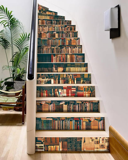 FLFK Bookshelf Stair Stickers - Set of 15, Peel and Stick Stair Riser Decals, 39.3"x7.08"
