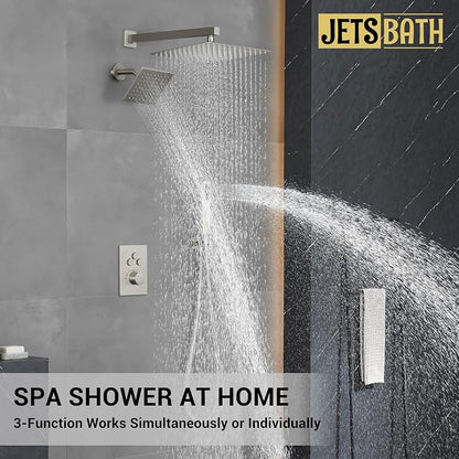 Thermostatic Dual Shower System, Shower Faucet(Brushed Nickel) | 12 Inch Rainfall Shower Head, 6 Inch Wall Mount Head, High Pressure Handheld Sprayer, Push Button Valve