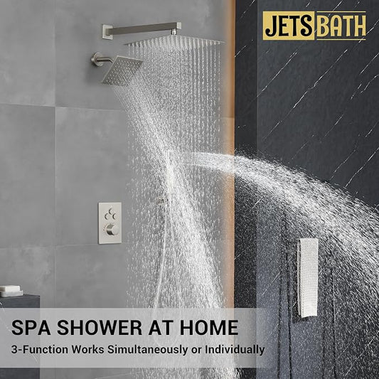 Thermostatic Dual Shower System, Shower Faucet(Brushed Nickel) | 12 Inch Rainfall Shower Head, 6 Inch Wall Mount Head, High Pressure Handheld Sprayer, Push Button Valve