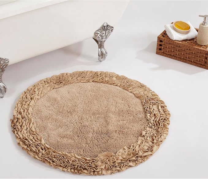 Better Trends Premium Bathroom 30” Round Mat 100% Cotton, Water Absorbent Non-Slip Backing, Machine Washable for Bathroom, Tub, and Shower Use, Beige Shaggy Border Collection