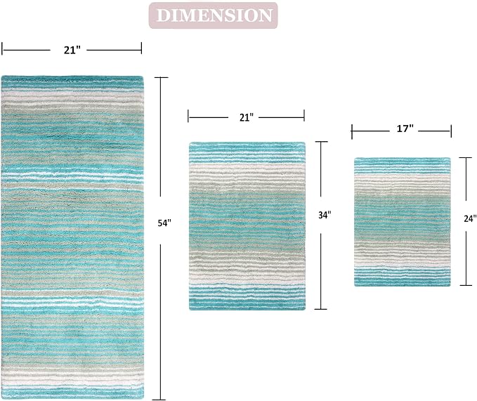 Home Weavers 100% Cotton Gradiation Collection Bathroom Décor, Washable Rug, Bathroom Mat, Kitchen Mat, Bathroom Rug Set, Bath Mat Set, Bath Floor Mat Non Slip, 3 Piece Set with Runner, Turquoise