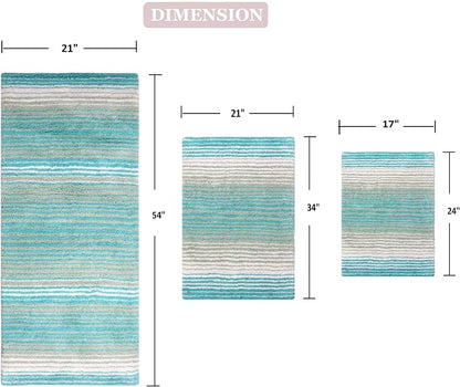Home Weavers 100% Cotton Gradiation Collection Bathroom Décor, Washable Rug, Bathroom Mat, Kitchen Mat, Bathroom Rug Set, Bath Mat Set, Bath Floor Mat Non Slip, 3 Piece Set with Runner, Turquoise