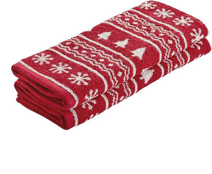 SKL Home Winter/Christmas Fair Isle Hand Towel Set-2pc, 100% Cotton, Red | 500 GSM. Soft & absorbent. Reversible jacquard pattern. Great for the bathroom, kitchen or bar & holiday gifting.