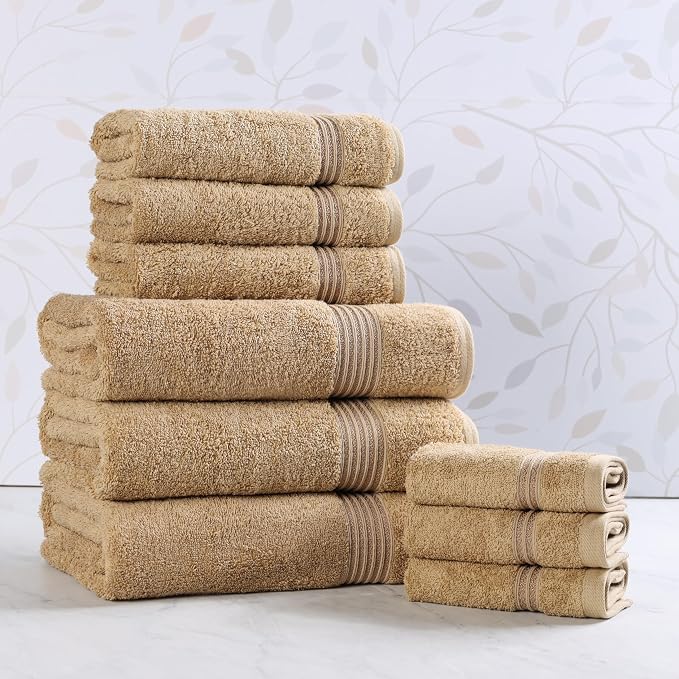 Superior Egyptian Cotton 9-Piece Towel Set, Assorted Towels for Home Bathroom, Guest Bath Decor Essentials, Includes 3 Bath, 3 Hand, 3 Face Towels/Washcloths, Quick Dry, Absorbent - Toast