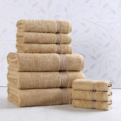 Superior Egyptian Cotton 9-Piece Towel Set, Assorted Towels for Home Bathroom, Guest Bath Decor Essentials, Includes 3 Bath, 3 Hand, 3 Face Towels/Washcloths, Quick Dry, Absorbent - Toast