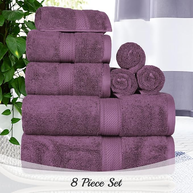 SUPERIOR Egyptian Cotton Ultra Plush & Absorbent, 8 Piece Set, Plum | Quick Dry, Soft Luxury Towel Set, Bath Essentials, Guest Bath, Spa, 2 Bath, 2 Hand, 4 Face Towels, Madeline Towels