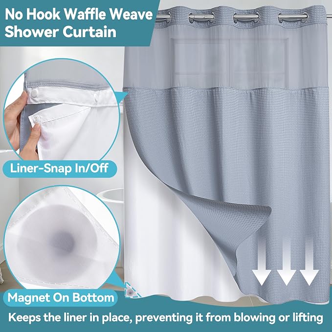 Conbo Mio Extra Long No Hook Waffle Weave Shower Curtain with Snap in Liner Set, Hotel Luxury Grey Shower Curtains for Bathroom with See Through Top Window, Waterproof, Washable 71W x 84H