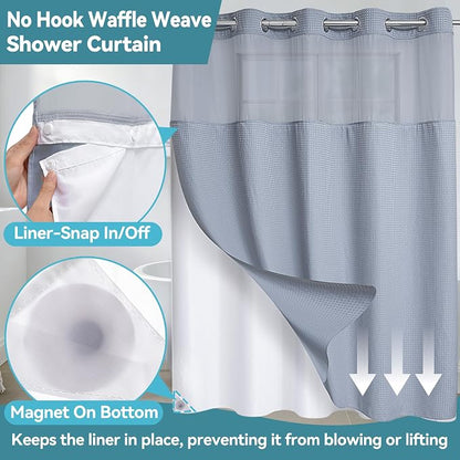 Conbo Mio Extra Long No Hook Waffle Weave Shower Curtain with Snap in Liner Set, Hotel Luxury Grey Shower Curtains for Bathroom with See Through Top Window, Waterproof, Washable 71W x 84H