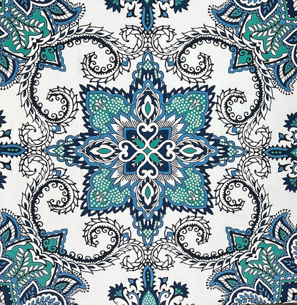 Serafina Home Boho Shower Curtain, Navy Teal White Mandala Floral Design, Fabric, 72 x 72 inches, Stain-Resistant, Paisley Pattern, with Hooks