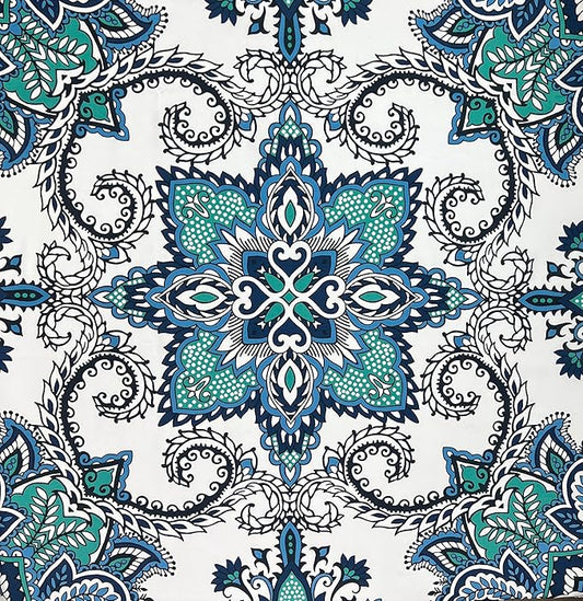 Serafina Home Boho Shower Curtain, Navy Teal White Mandala Floral Design, Fabric, 72 x 72 inches, Stain-Resistant, Paisley Pattern, with Hooks