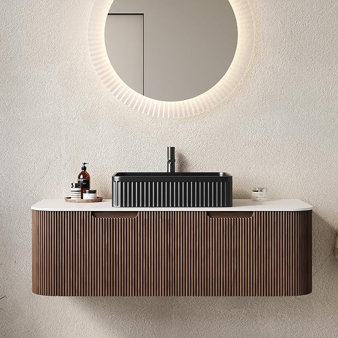 Yayzy 48" Floating Bathroom Vanity with Sink, Solid Wood Fluted Cabinet, Black Fluted Square Ceramic Basin & Faux Marble Top, Soft-Close Drawer, Pre-Assembled, Walnut Woodgrain