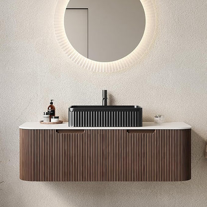 Yayzy 48" Floating Bathroom Vanity with Sink, Solid Wood Fluted Cabinet, Black Fluted Square Ceramic Basin & Faux Marble Top, Soft-Close Drawer, Pre-Assembled, Walnut Woodgrain