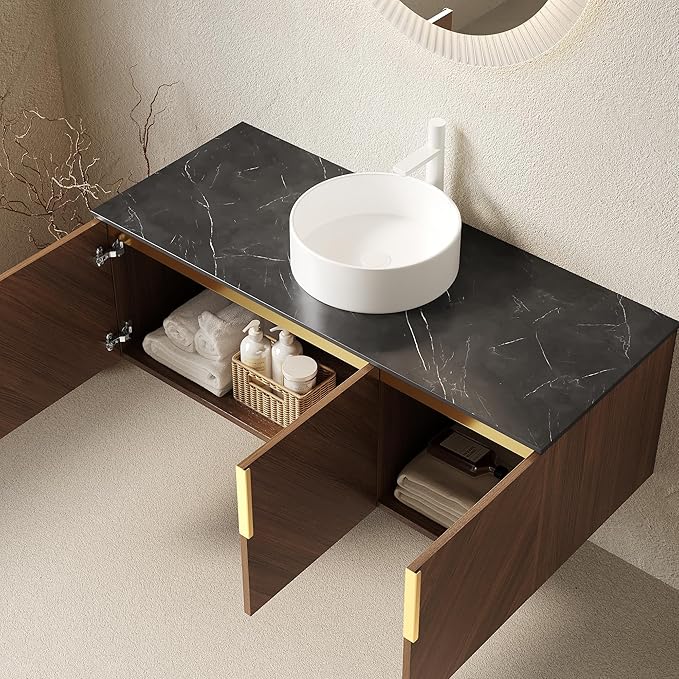 48 Inch Bathroom Vanity with Single Sink, Floating Bathroom Vanity with Vessel Sink, Modern Bathroom Vanity Cabinet with 3 Doors, Sintered Stone Countertop and Ceramic Sink,Brown Oak