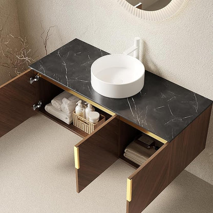 48 Inch Bathroom Vanity with Single Sink, Floating Bathroom Vanity with Vessel Sink, Modern Bathroom Vanity Cabinet with 3 Doors, Sintered Stone Countertop and Ceramic Sink,Brown Oak