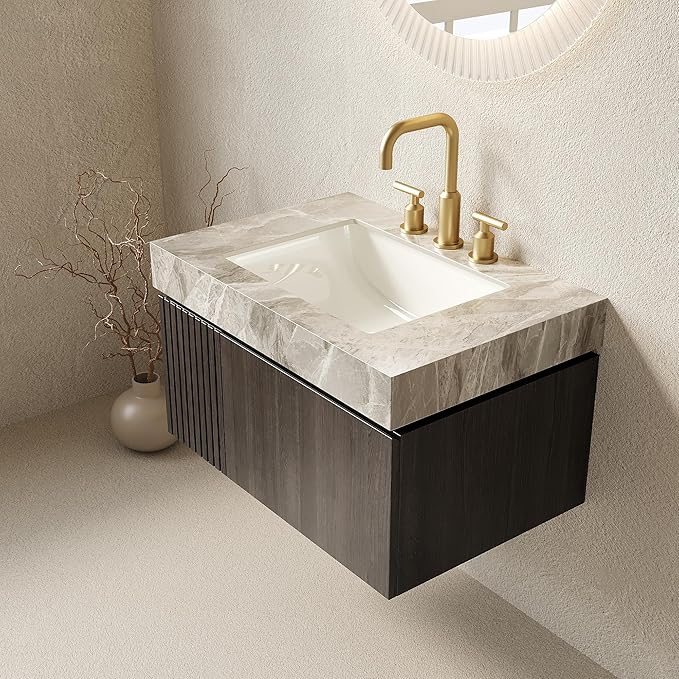 30” Floating Bathroom Vanity with Sink, Wall-Mounted Cabinet with Drawer & Doors, Gray Travertine-Pattern Sintered Stone Top, Undermount Basin, 3 Faucet Hole, Soft-Close, Pre-Assembled, Dark Oak