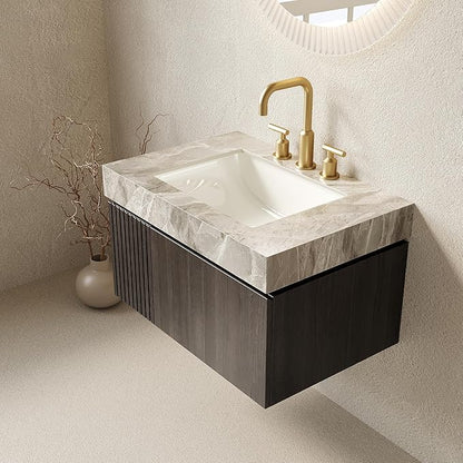 30” Floating Bathroom Vanity with Sink, Wall-Mounted Cabinet with Drawer & Doors, Gray Travertine-Pattern Sintered Stone Top, Undermount Basin, 3 Faucet Hole, Soft-Close, Pre-Assembled, Dark Oak