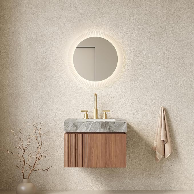 KEIKI 24 Inch Floating Bathroom Vanity with Sink, Brown Oak & Grey | Modern Wall Mounted Storage Cabinet with 2 Doors, Pre-assembled Wood Panels, Sintered Stone Top & Ceramic Basin Combo Set