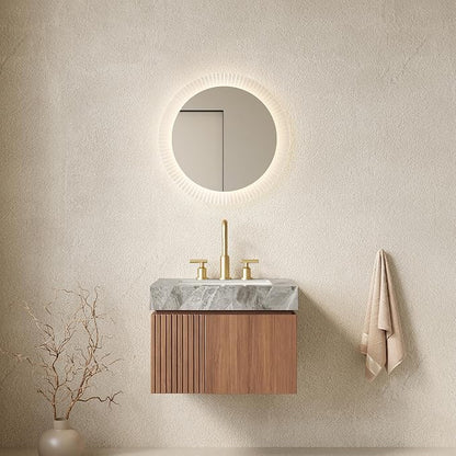KEIKI 24 Inch Floating Bathroom Vanity with Sink, Brown Oak & Grey | Modern Wall Mounted Storage Cabinet with 2 Doors, Pre-assembled Wood Panels, Sintered Stone Top & Ceramic Basin Combo Set