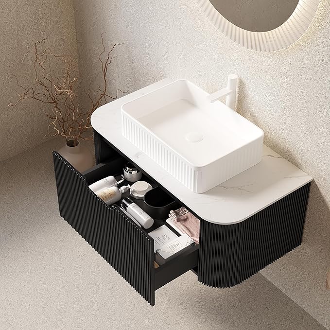 Yayzy 36" Floating Bathroom Vanity with Sink, Solid Wood Fluted Cabinet, White Fluted Square Ceramic Basin & Faux Marble Top, Soft-Close Drawer, Pre-Assembled, Gloss Black