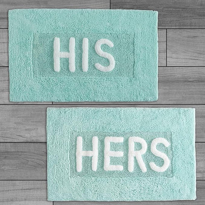 Jean Pierre Cotton 2-Piece Bath Rug Set - Soft Cotton Bath Mat - Bathroom Decor - Water Absorbent and Machine Washable - Measures 20"x32"- "His & Hers"- Aqua Blue
