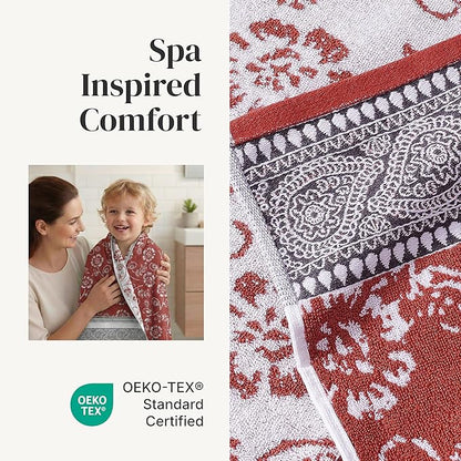 Modern Threads Floral Trail 6-Piece 100% Cotton Towel Set – Reversible Yarn Dyed Jacquard – Includes 2 Bath Towels, 2 Hand Towels, 2 Washcloths – Absorbent, Quick Dry, Soft & Durable – Rust Orange