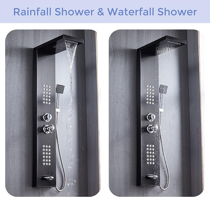 Delavin Multi Fuction Shower Panel, Shower Tower, Rainfall Waterfall Stainless Steel Shower Panel Tower System, Full Body Shower System with Body Jets, Tub Spout, Handheld Shower, Brushed Black | Stainless Steel, Rainfall Waterfall, Body Jets, Tub Spou...