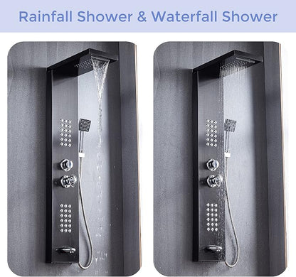 Delavin Multi Fuction Shower Panel, Shower Tower, Rainfall Waterfall Stainless Steel Shower Panel Tower System, Full Body Shower System with Body Jets, Tub Spout, Handheld Shower, Brushed Black | Stainless Steel, Rainfall Waterfall, Body Jets, Tub Spou...