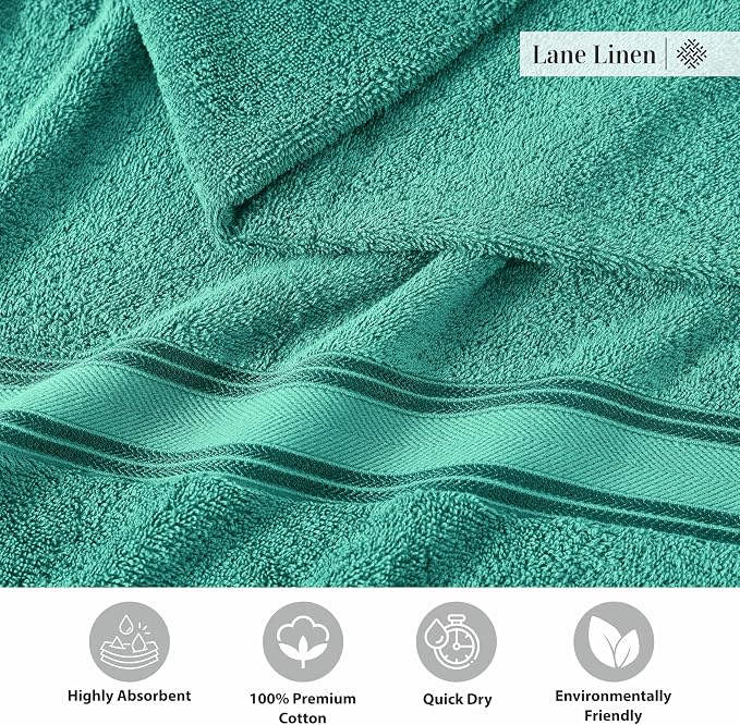 LANE LINEN Towel Set Quick Dry 100% Cotton 3 Piece Soft Absorbent - Teal | Cotton Towels For Bathroom - Zero-Twist Durability, Zero-Twist Cotton, Terry Weave Comfort, Long-Lasting Comfort