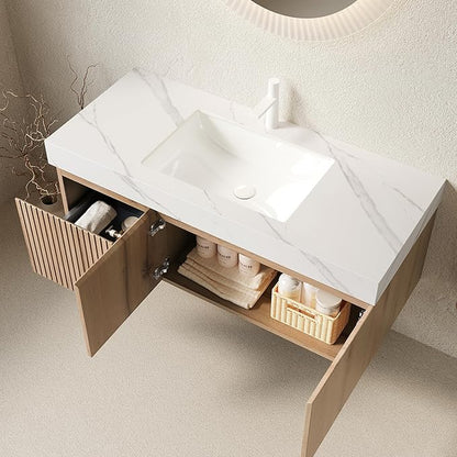Ambrovina 48 inch Floating Bathroom Vanity with Sink, Wall Mounted Storage Vanities with Drawer and 2 Doors, Carrara White Sintered Stone Top and Ceramic Basin, Pre-Assembled Cabinet, Light Wooden