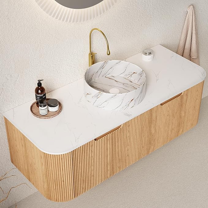 LKTART 48 Inch Floating Bathroom Vanity with Sink, Modern Wall Mounted Bathroom Storage Cabinet with Drawer, Stone Pattern Round White Ceramic Sink Top and Marble Texture Top, Natural Wood