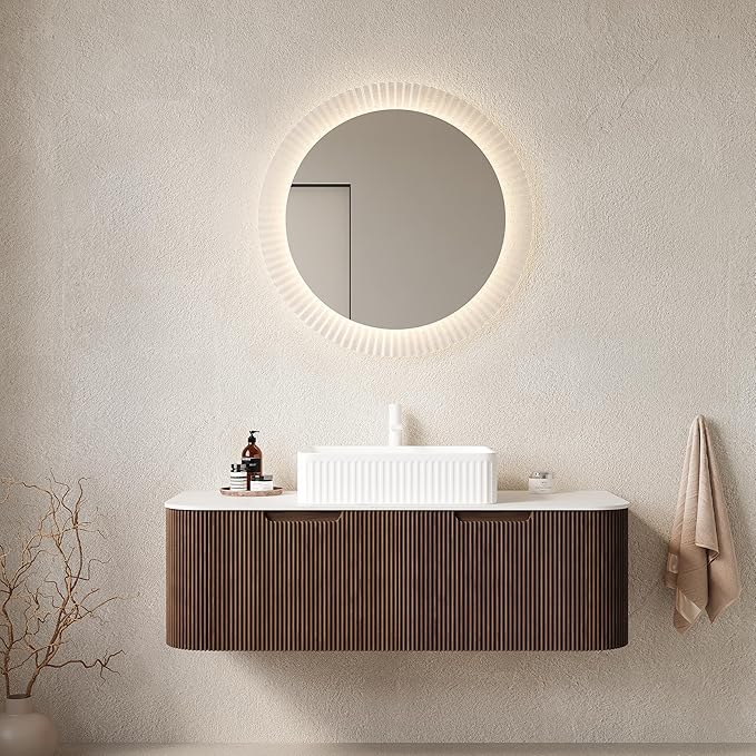 LKTART 48 Inch Floating Bathroom Vanity with Sink, Modern Wall Mounted Bathroom Storage Cabinet with Drawer, Square White Ceramic Sink Top and Marble Texture Top, Walnut