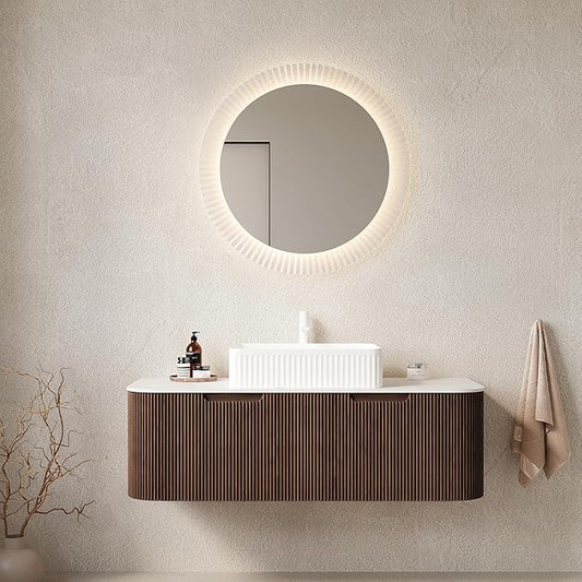 LKTART 48 Inch Floating Bathroom Vanity with Sink, Modern Wall Mounted Bathroom Storage Cabinet with Drawer, Square White Ceramic Sink Top and Marble Texture Top, Walnut