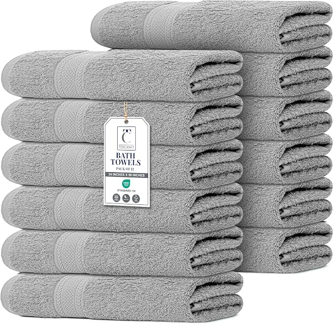 Bulk Large Bath Towels Set of 12 – 100% Cotton Terry – 24" x 50" – Quick Dry, Soft & Highly Absorbent – Light Grey Towels for Bathroom, Gym, Spa, Pool & Daily Use