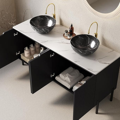 Ambrovina 60" Bathroom Vanity with Double Sink, Freestanding Bathroom Storage Cabinet with 4 Soft-Closing Doors, 2 Black Bowl Ceramic Basins and Carrara White Sintered Stone Countertop, Gloss Black