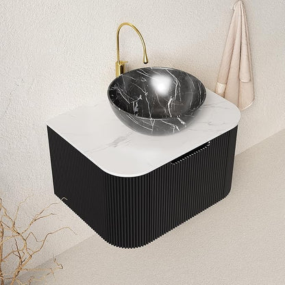 24'' Bathroom Vanities Cabinet with Sink Combo, Wall Mounted Floating Cabinet W/Curved Edges Stripes, Oak Plywood, Soft-Close System with a Drawer, Black Bowl Ceramic Basin - Kiel, Black/R