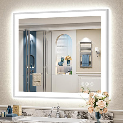 40x36 Inch Brushed Nickel LED Bathroom Mirror, Backlit & Front Lit | Silver Framed Anti-Fog Lighted Vanity Mirror with Lights, 3 Color Dimmable, Memory, HD Tempered Glass, CRI95, IP54, UL Listed