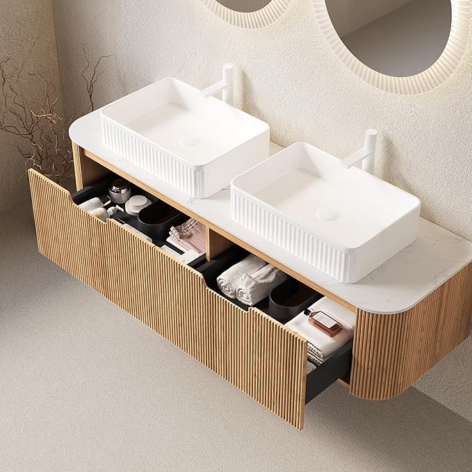 Yayzy 60" Floating Bathroom Vanity with Sink, Solid Wood Fluted Cabinet, White Fluted Square Ceramic Basin & Faux Marble Top, Soft-Close Drawer, Pre-Assembled, Natural Woodgrain