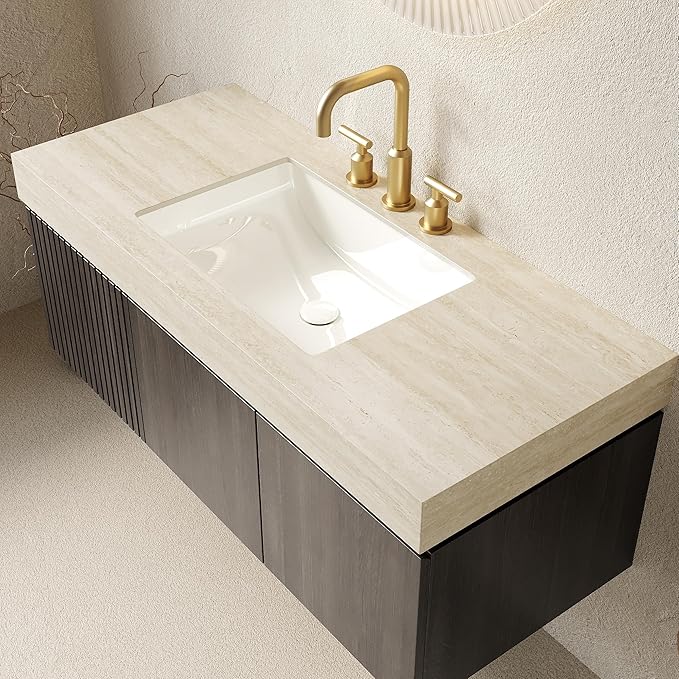 48" Floating Bathroom Vanity with Sink, Plywood Bathroom Vanities, Roma Travertine Sintered Stone Top and 3 Pre-drilled Faucet Holes Ceramic Basin, Pre-Assembled, Espresso Woodgrain