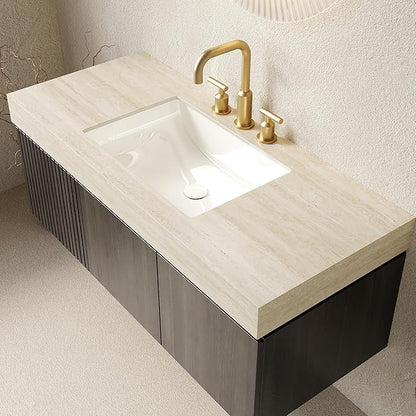 48" Floating Bathroom Vanity with Sink, Plywood Bathroom Vanities, Roma Travertine Sintered Stone Top and 3 Pre-drilled Faucet Holes Ceramic Basin, Pre-Assembled, Espresso Woodgrain