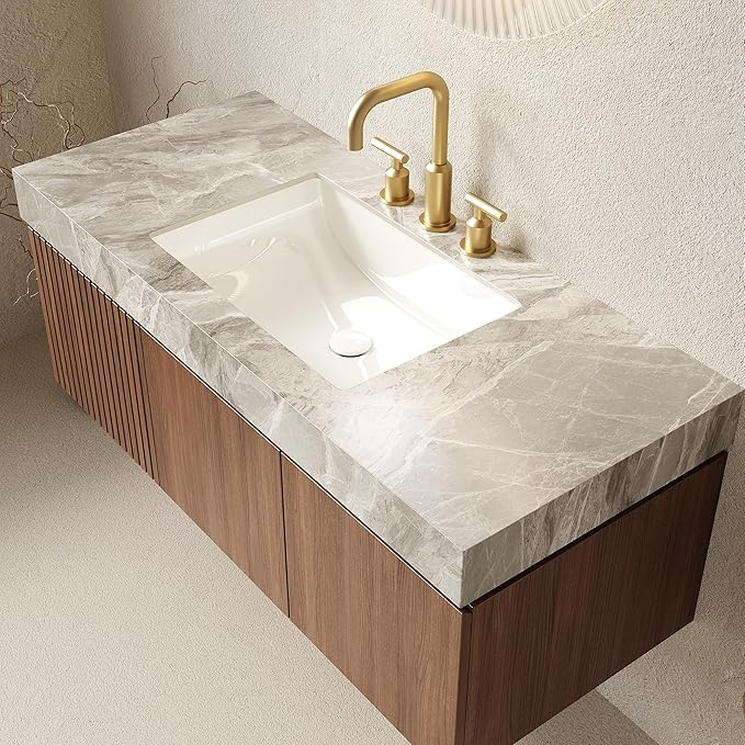 48 inch Floating Bathroom Vanity with Sink, Modern Plywood Bathroom Vanities with Drawer and Doors, Light Gray Sintered Stone and 3 Pre-drilled Faucet Holes Ceramic Basin, Pre-Assembled, Dark Oak