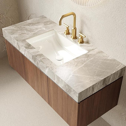 48 inch Floating Bathroom Vanity with Sink, Modern Plywood Bathroom Vanities with Drawer and Doors, Light Gray Sintered Stone and 3 Pre-drilled Faucet Holes Ceramic Basin, Pre-Assembled, Dark Oak