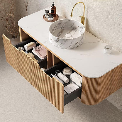 48'' Bathroom Vanities Cabinet with Sink Combo, Wall Mounted Floating Cabinet W/Curved Edges Stripes, Oak Plywood, Soft-close System with 2 Drawer & White Round Ceramic Basin - Kiel, Natural Wood/S