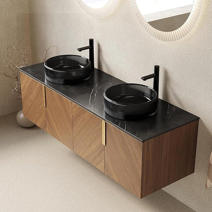 60" Double Sink Bathroom Vanity with Sink Combo, Floating Vanity with Vessel Sink, Wall-Mounted Plywood Bathroom Vanity Storage Cabinet with 4 Doors & 2 Glass Basin, Brown Oak