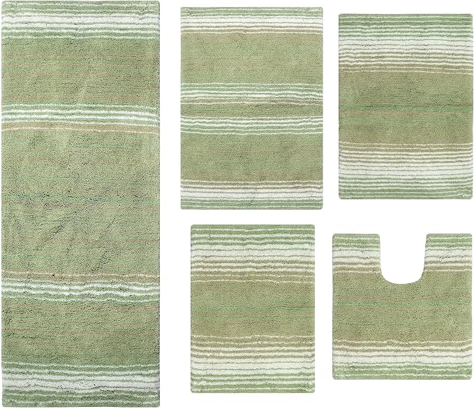 Home Weavers 100% Cotton Gradiation Collection Bathroom Décor | Washable Rug | Bathroom Mat | Kitchen Mat | Bathroom Rug Set | Bath Mat Set | Bath Floor Mat Non Slip, 5 Piece Set with Contour, Sage